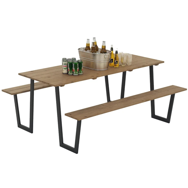 5.7 FT Outdoor Picnic Table with 2" Umbrella Hole, Spruce Wood Dining Table and 795 LBS Benches with Steel Frame, Brown