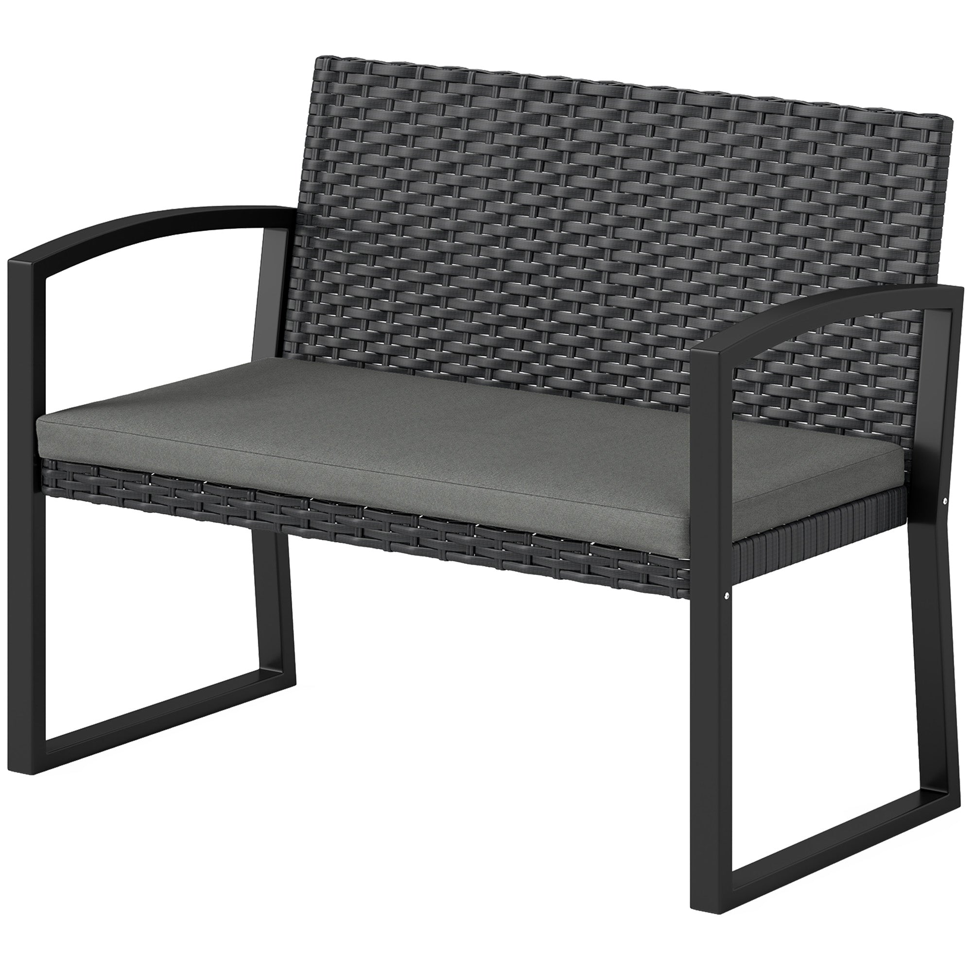 Outsunny 2 Seater Outdoor Bench, Rattan Garden Bench Loveseat with Cushion, Armrests, Steel Frame for Patio, Porch, Light Grey 