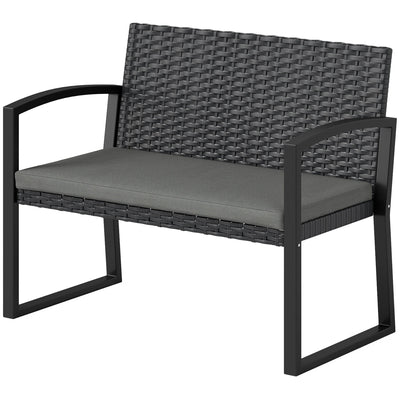 Outsunny 2 Seater Outdoor Bench, Rattan Garden Bench Loveseat with Cushion, Armrests, Steel Frame for Patio, Porch, Light Grey 