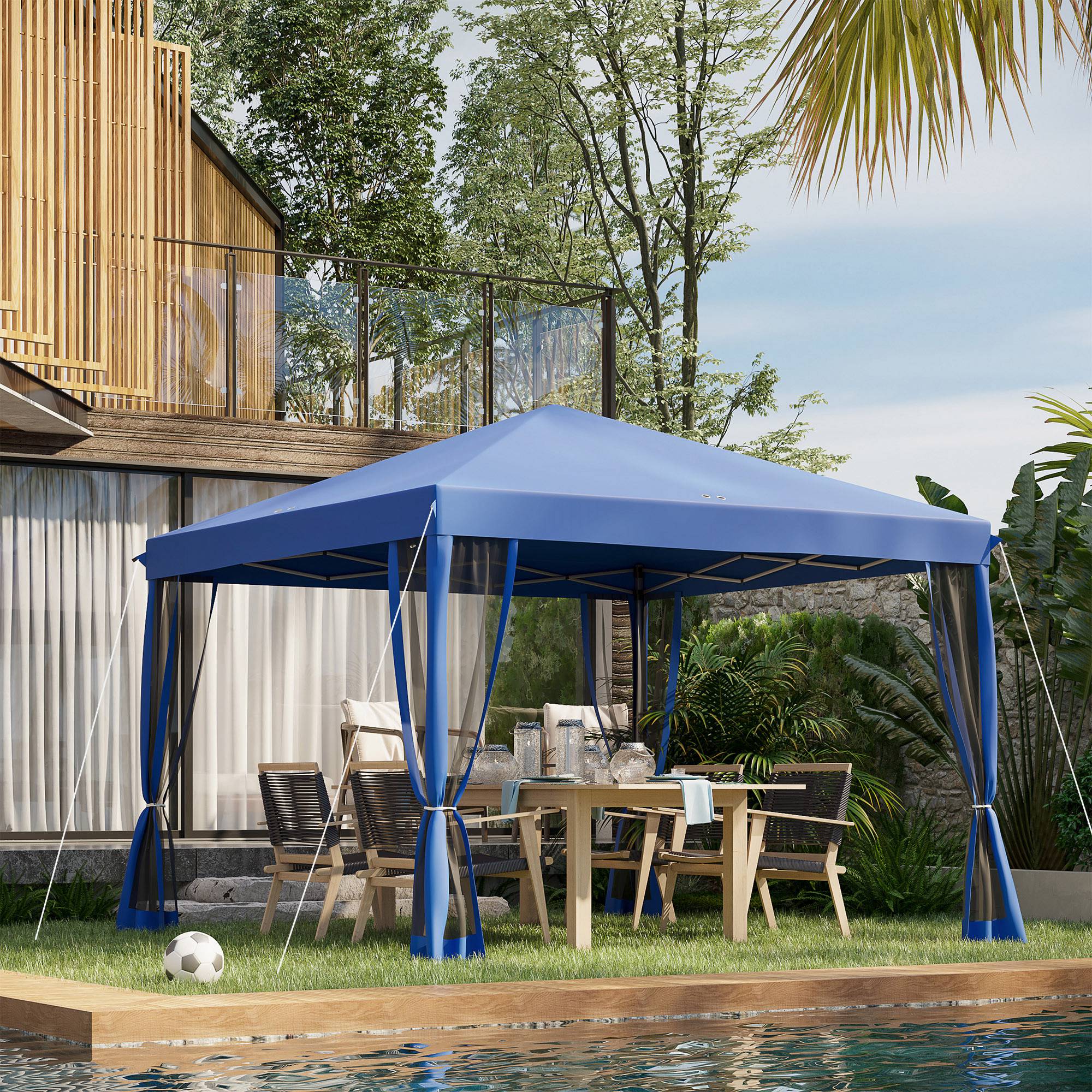 Outsunny 10' x 10' Pop Up Canopy Tent Gazebo with Removable Mesh Sidewall Netting, Carry Bag for Backyard Patio Outdoor, Blue 
