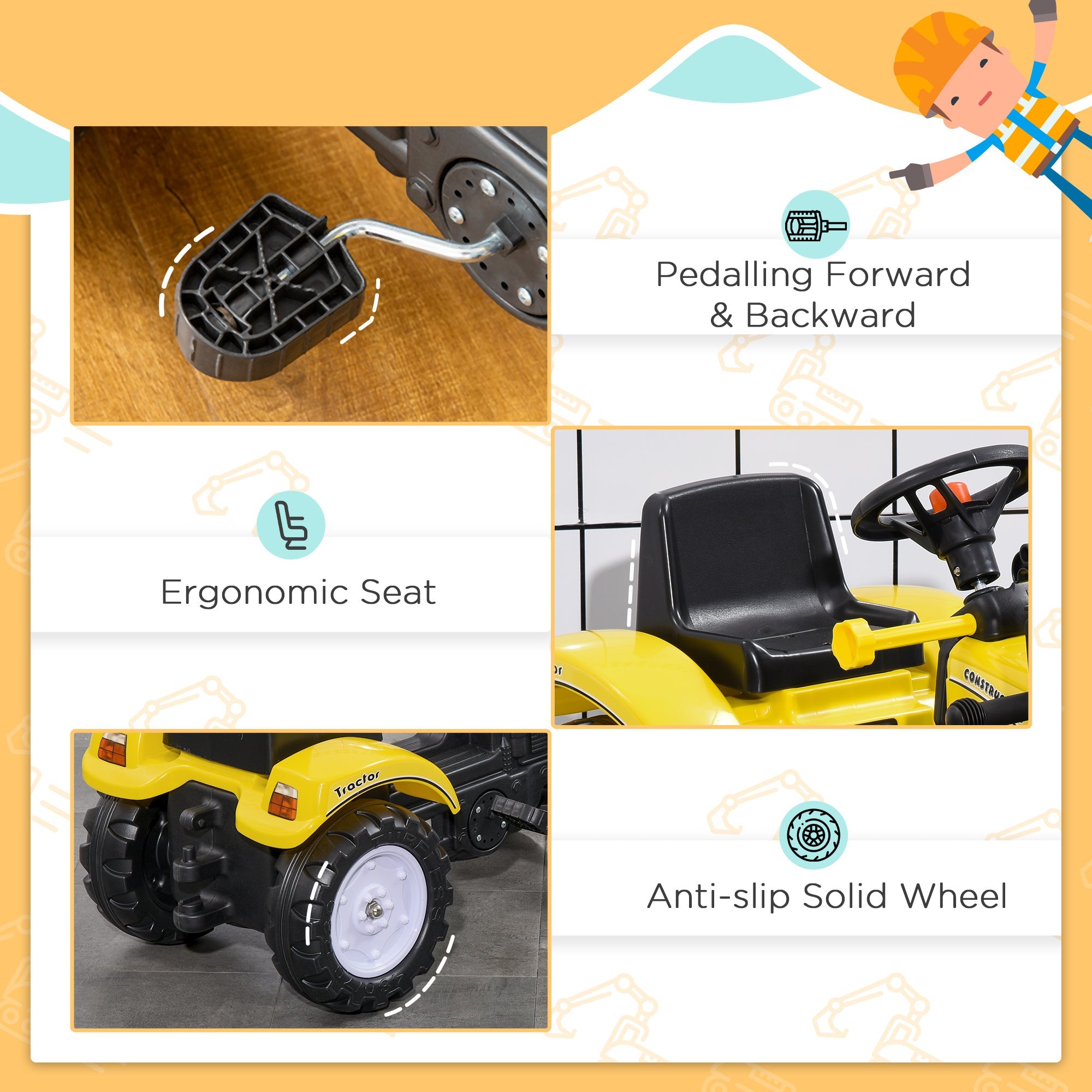 Aosom Ride on Tractor for Kids, Pedal Construction Car with Front Loader Digger for 3 Year Old, Yellow 