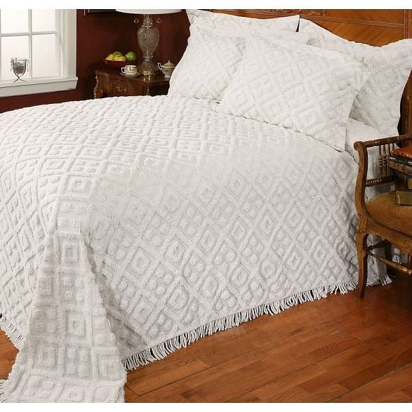 Full size Beige Chenille Cotton Bedspread with Fringe Edges - Free Shipping