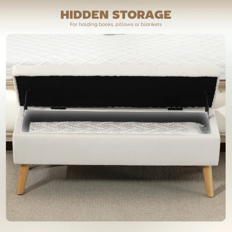 Storage Ottoman with Lid, Velvet Upholstered Storage Bench with Wood Legs for Living Room, Cream White