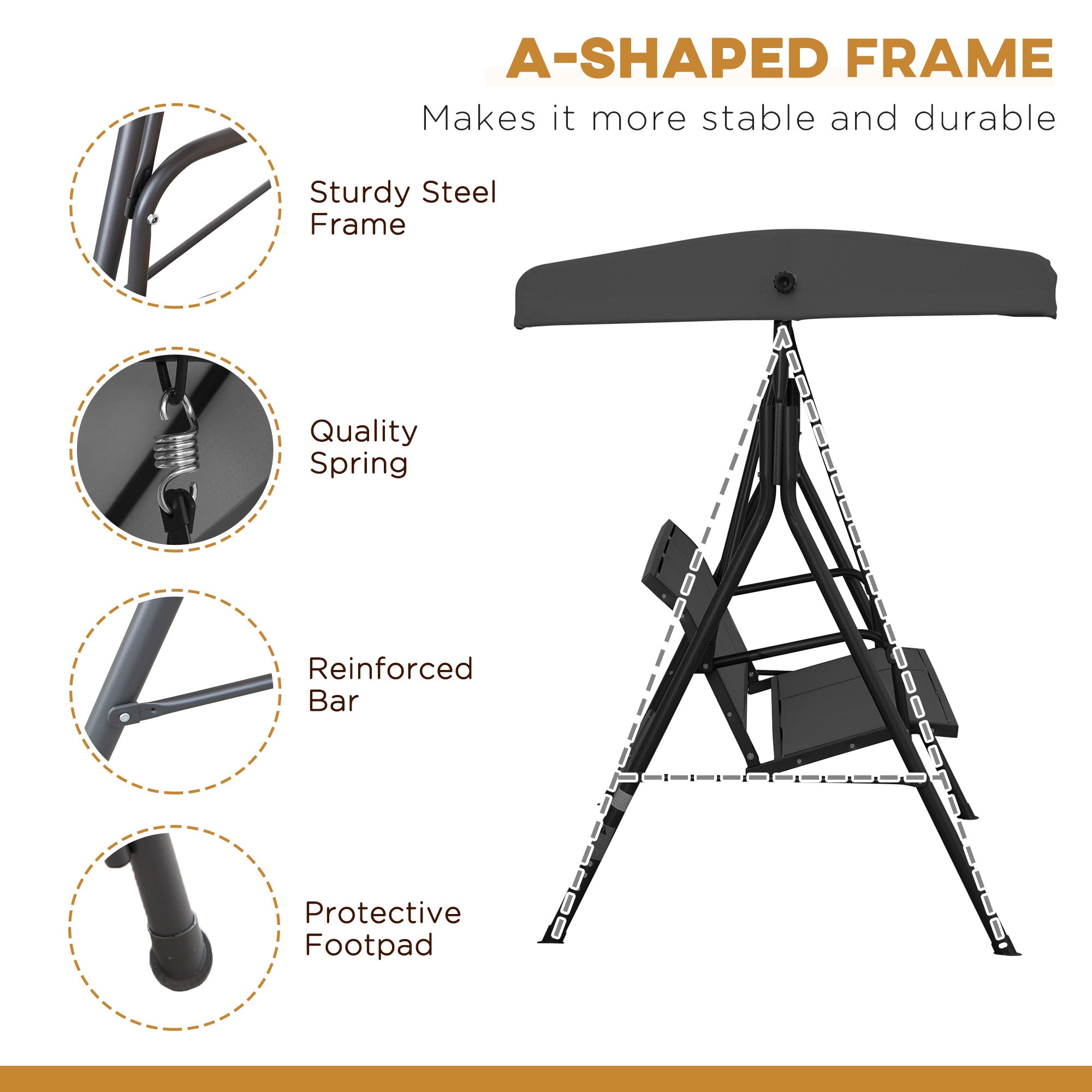 Outsunny 3-Seater Swing Chair Covered Garden Hammock A-Frame Outdoor Porch Glider Sling Seat with Adjustable Canopy Cover, Black 
