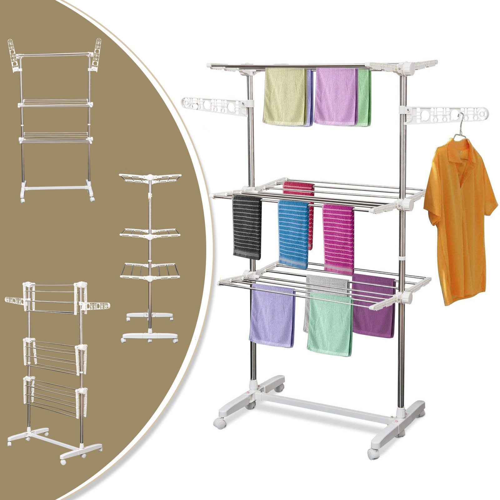HOMCOM Clothes Drying Rack 3 Tier Foldable Rolling Collapsible Laundry Dryer Hanger Towel Holder Indoor Outdoor Stainless 