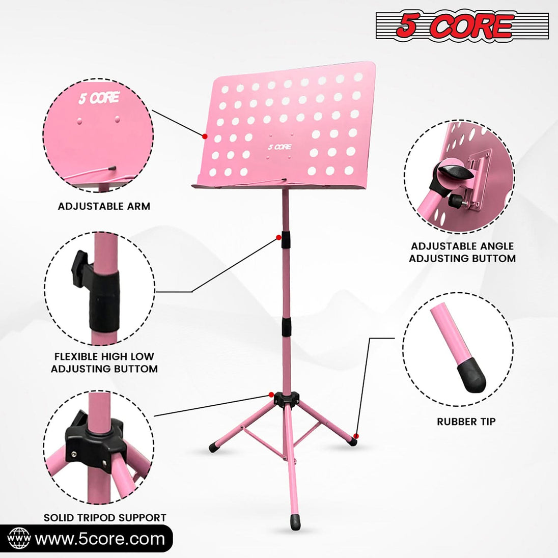 5Core Adjustable Music Stand for Sheet Music Portable Tripod Folding Note Holder Pink