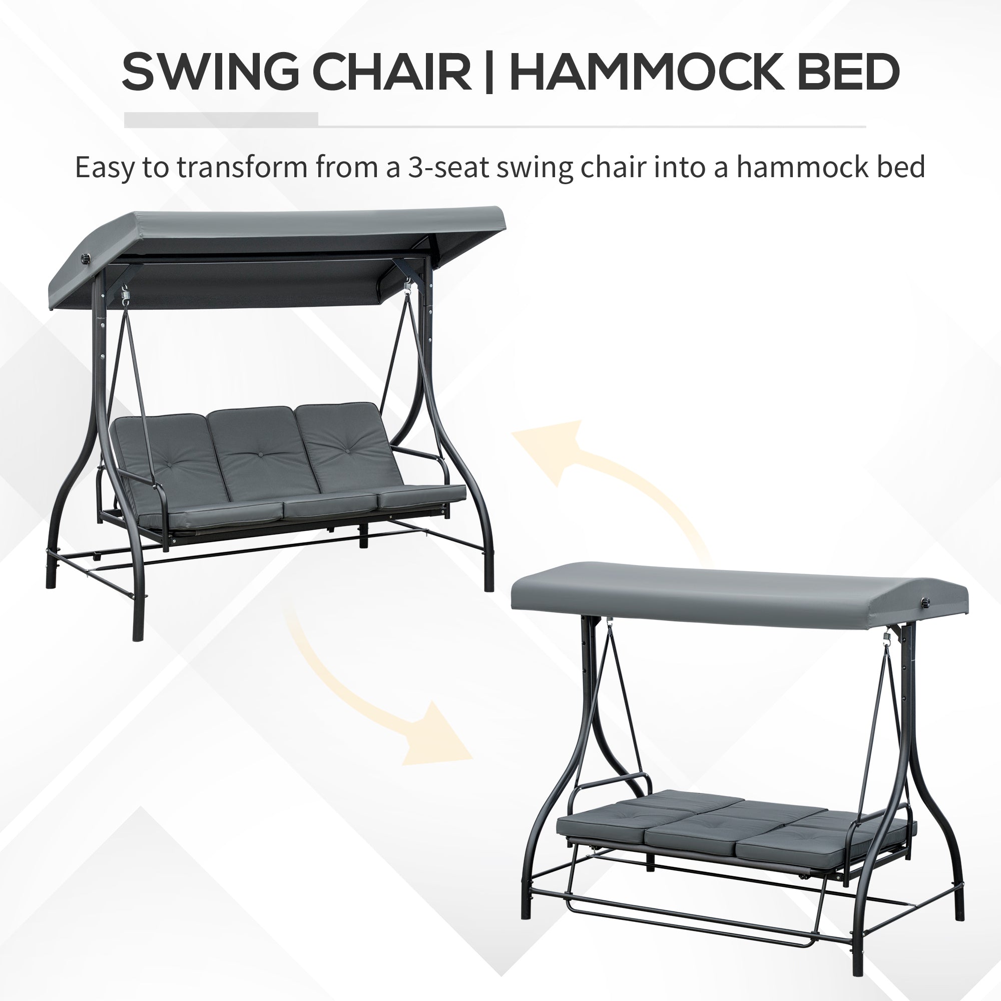 Outsunny Patio Swing Bed Convertible 3 Seater with Adjustable Canopy Cushions Dark Grey 