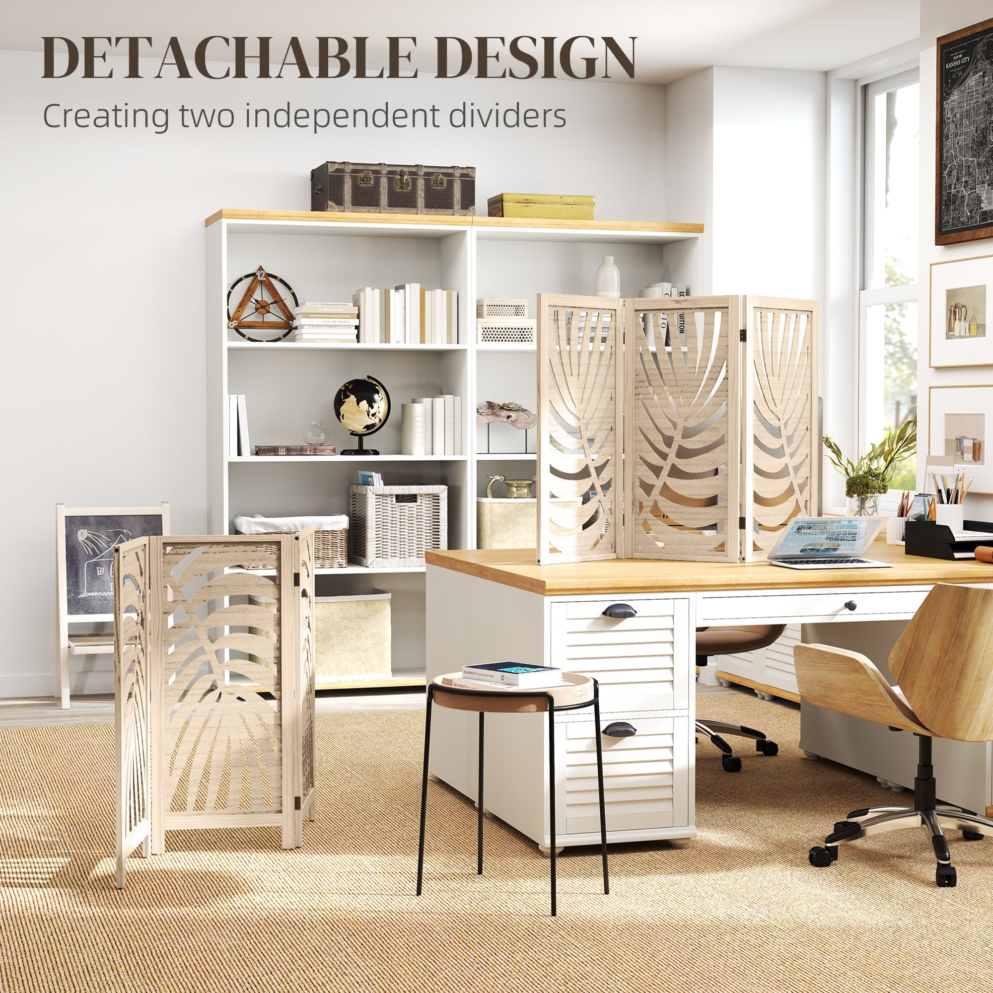 HOMCOM 3 Panel Room Divider, Detachable Folding Privacy Screens with Palm Leaf Design for Home Office, Natural Wood Finish 