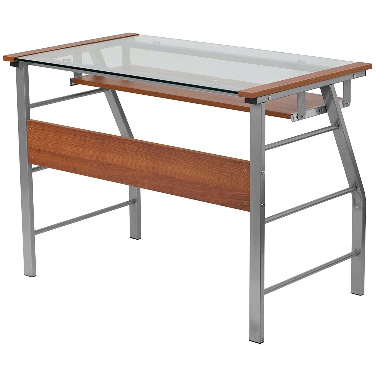 Contemporary Tempered Glass Top Computer Desk with Cherry Keyboard Tray - Free Shipping 