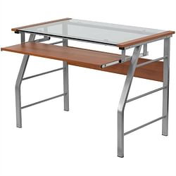 Contemporary Tempered Glass Top Computer Desk with Cherry Keyboard Tray - Free Shipping 