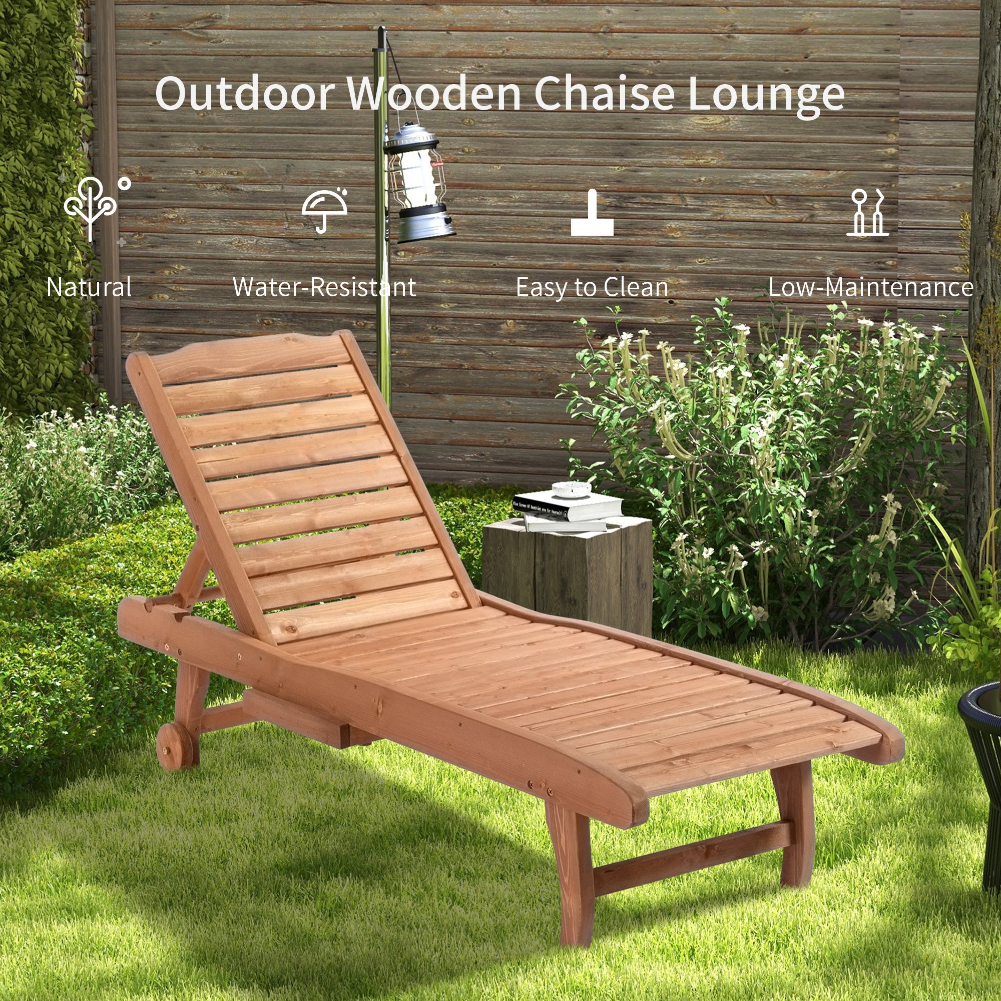 Outsunny Adjustable Wooden Chaise Lounge Outdoor Patio Recliner Garden Furniture with Pullout Tray and 2 Wheels 