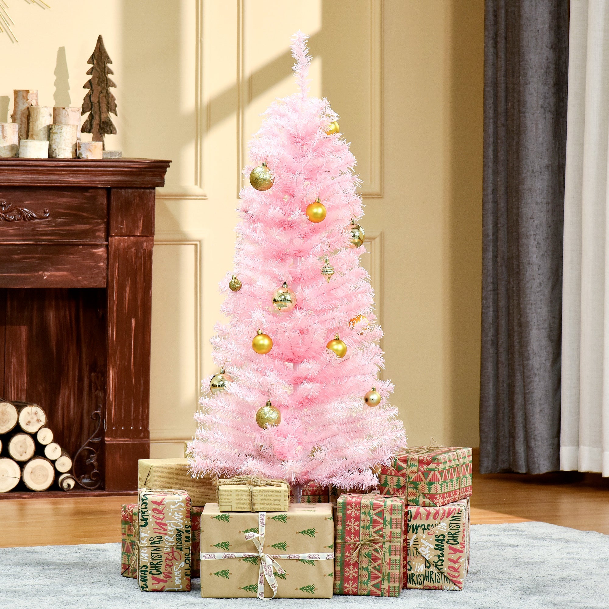 HOMCOM 4FT Artificial Christmas Tree Holiday Xmas Holiday Pencil Tree Decoration with Automatic Open for Home Party, Pink 