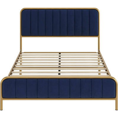 Full Gold Metal Platform Bed Frame with Navy Blue Velvet Upholstered Headboard - Free Shipping 