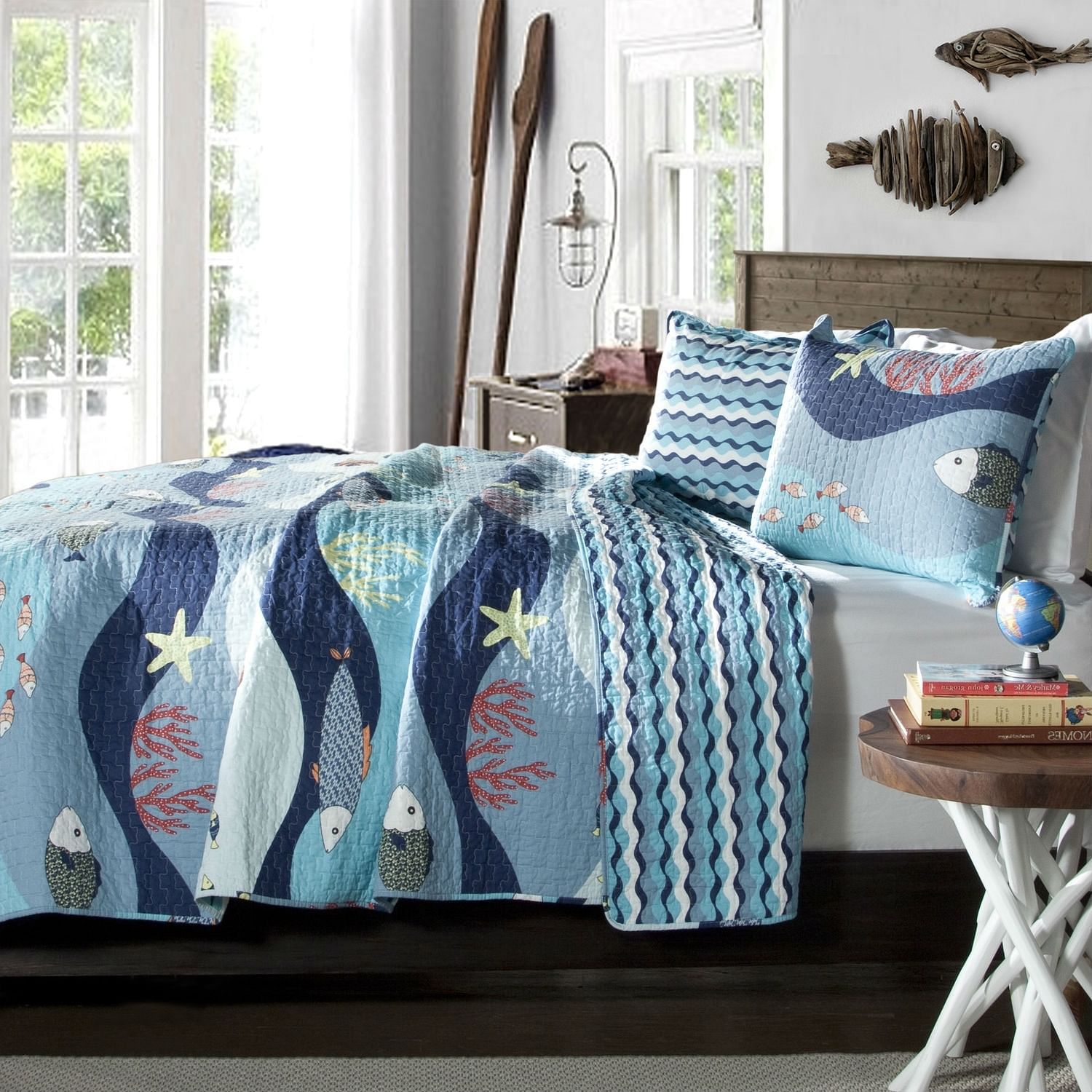 Full / Queen Blue Serenity Sea Fish Coral Coverlet Quilt Bedspread Set - Free Shipping