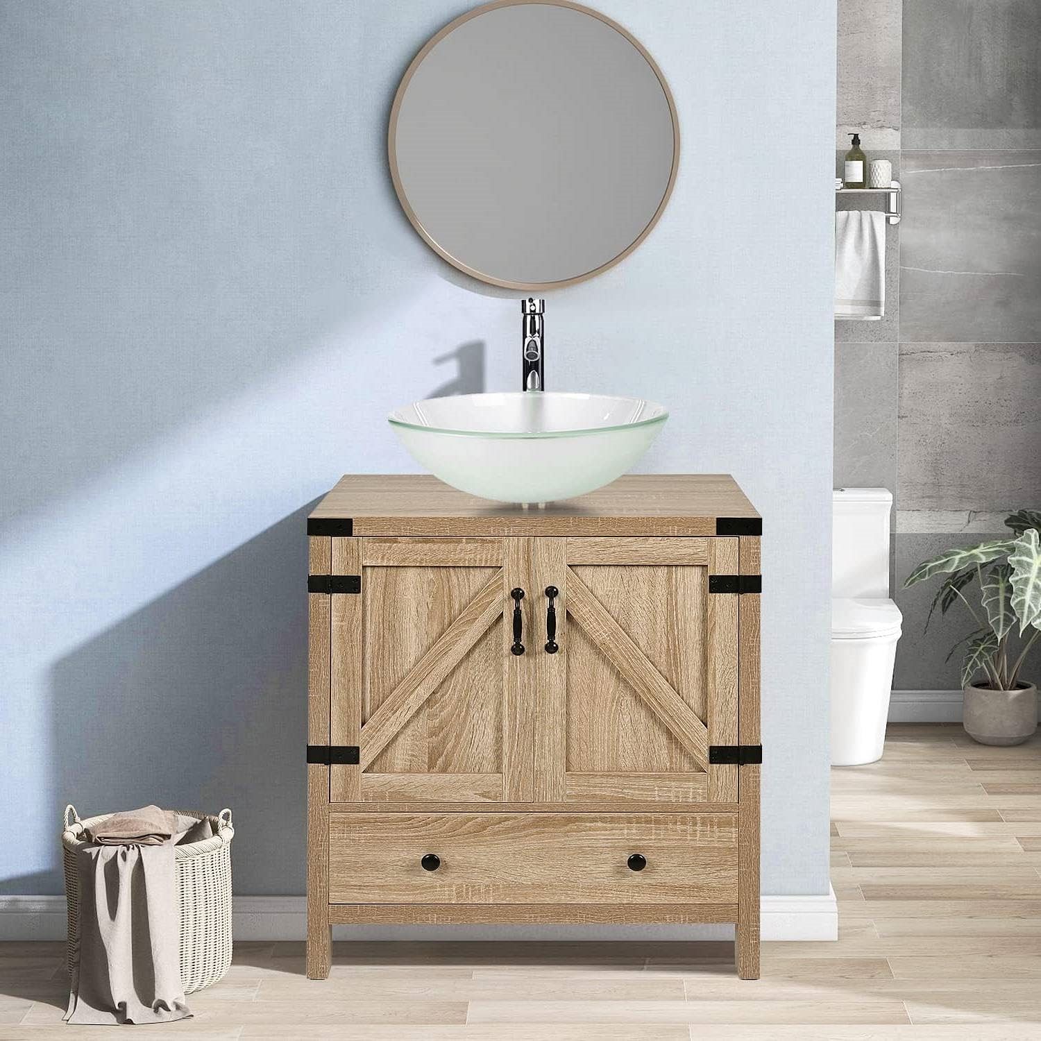 Modern Farmhouse Bathroom Vanity with Wooden Sliding Door and Frosted Glass Sink - Free Shipping