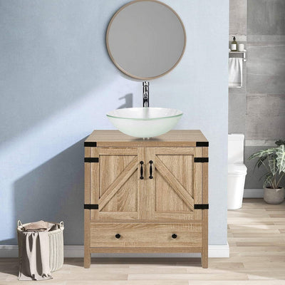 Modern Farmhouse Bathroom Vanity with Wooden Sliding Door and Frosted Glass Sink - Free Shipping 