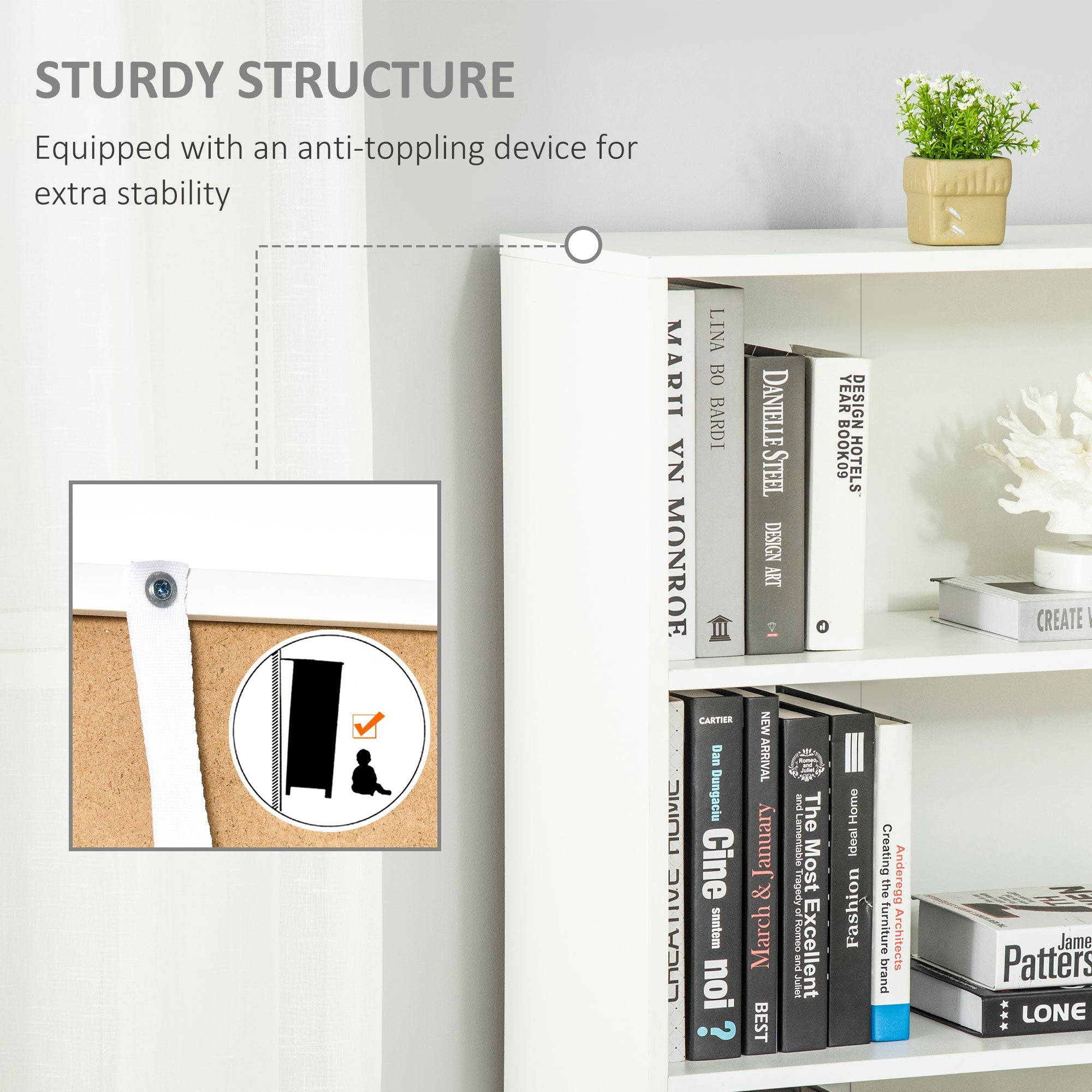 HOMCOM 4-Tier Bookshelf with Doors, White Modern Home Office Bookcase Storage Cabinet for Living Room, Bathroom, Study 