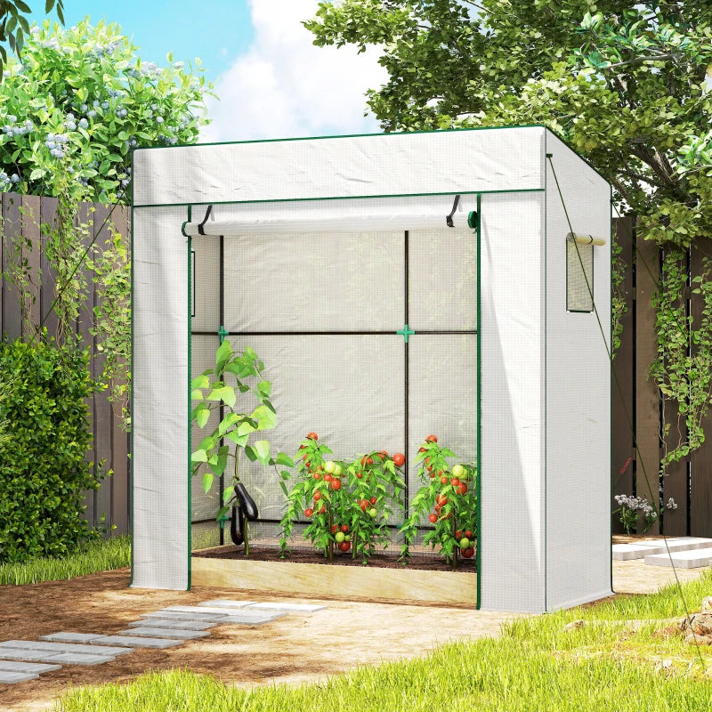 Walk-in Tomato Greenhouse Lean-to Green House with Reinforced PE Cover, Roll-up Door, Mesh Windows, White