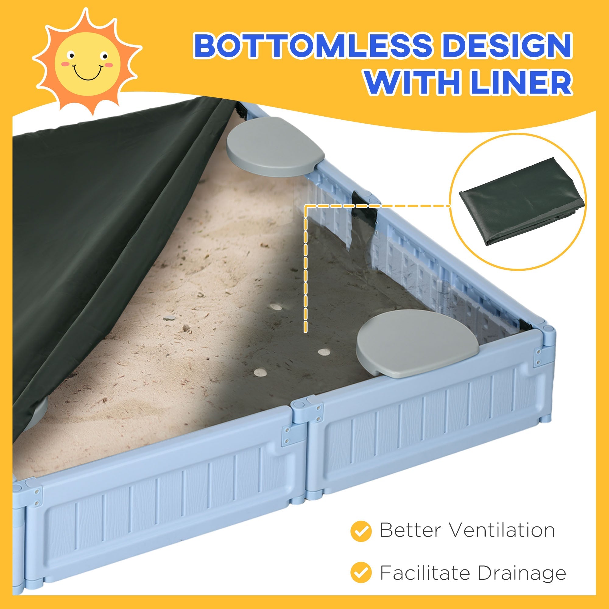 Outsunny Childrens Sandbox with Canopy Light Blue Outdoor Play Area with Bottom Liner for Sun Protection 