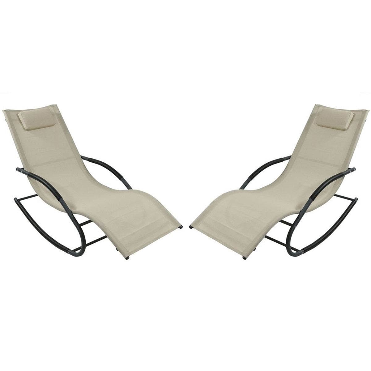 Set of 2 Beige Rocking Chaise Lounger Patio Lounge Chair with Pillow - Free Shipping 