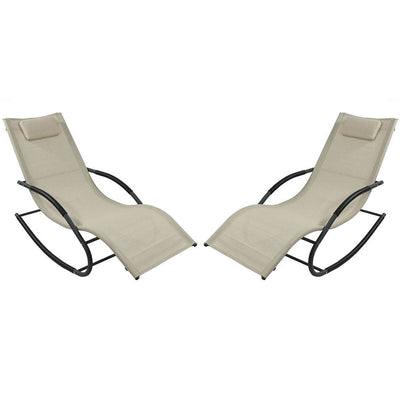 Set of 2 Beige Rocking Chaise Lounger Patio Lounge Chair with Pillow - Free Shipping 