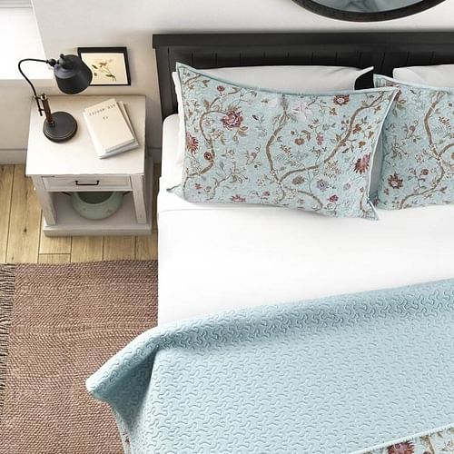 Twin XL 2 Piece Farmhouse Blue Teal Floral Vines Cotton Reversible Quilt Set - Free Shipping 