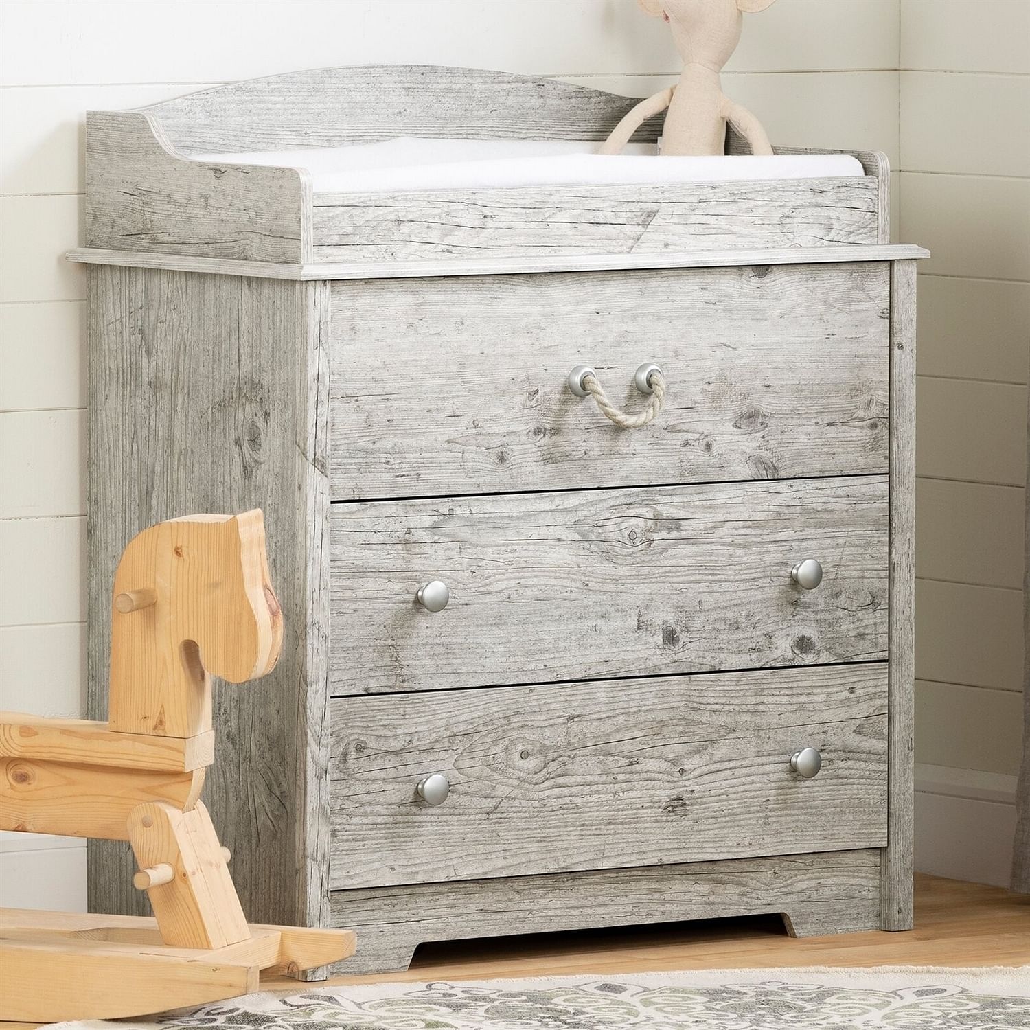 Farmhouse Nautical 3 Drawer Rope Handle Baby Changing Table in Washed Pine - Free Shipping