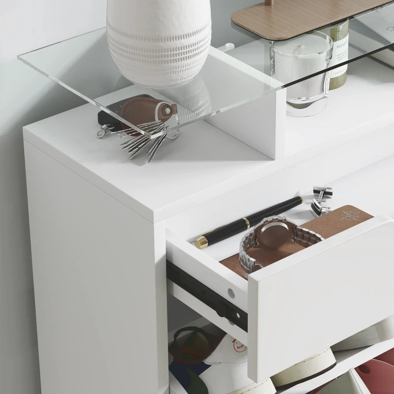 High Gloss Shoe Cabinet with 2 Flip Drawers and Adjustable Shelves, Narrow Shoe Storage Cabinet with Glass Top, White