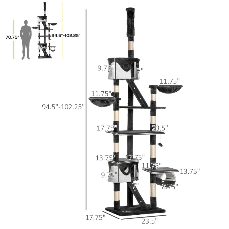 94"-102" Floor to Ceiling Cat Tree, High Cat Condo Scratching Post Activity Center, Multi-Level Play House