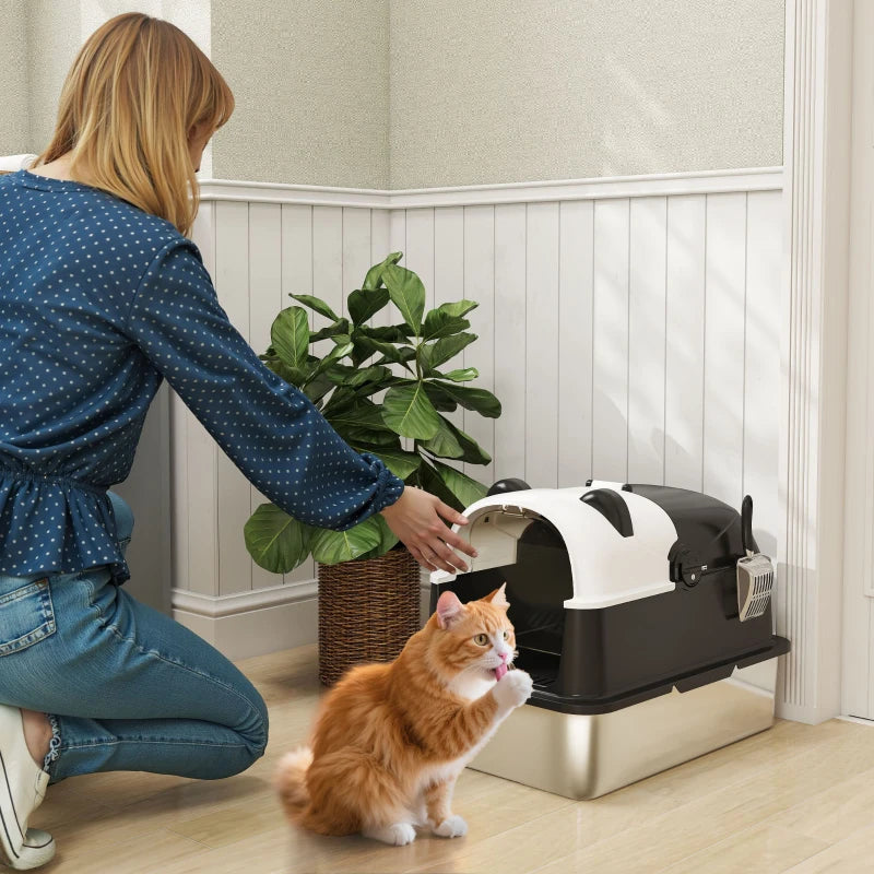 Panda Style XL Stainless Steel Cat Litter Box with Lid, Enclosed Kitty Litter Box with Scoop, 23.7" x 15.9" x 17.6"