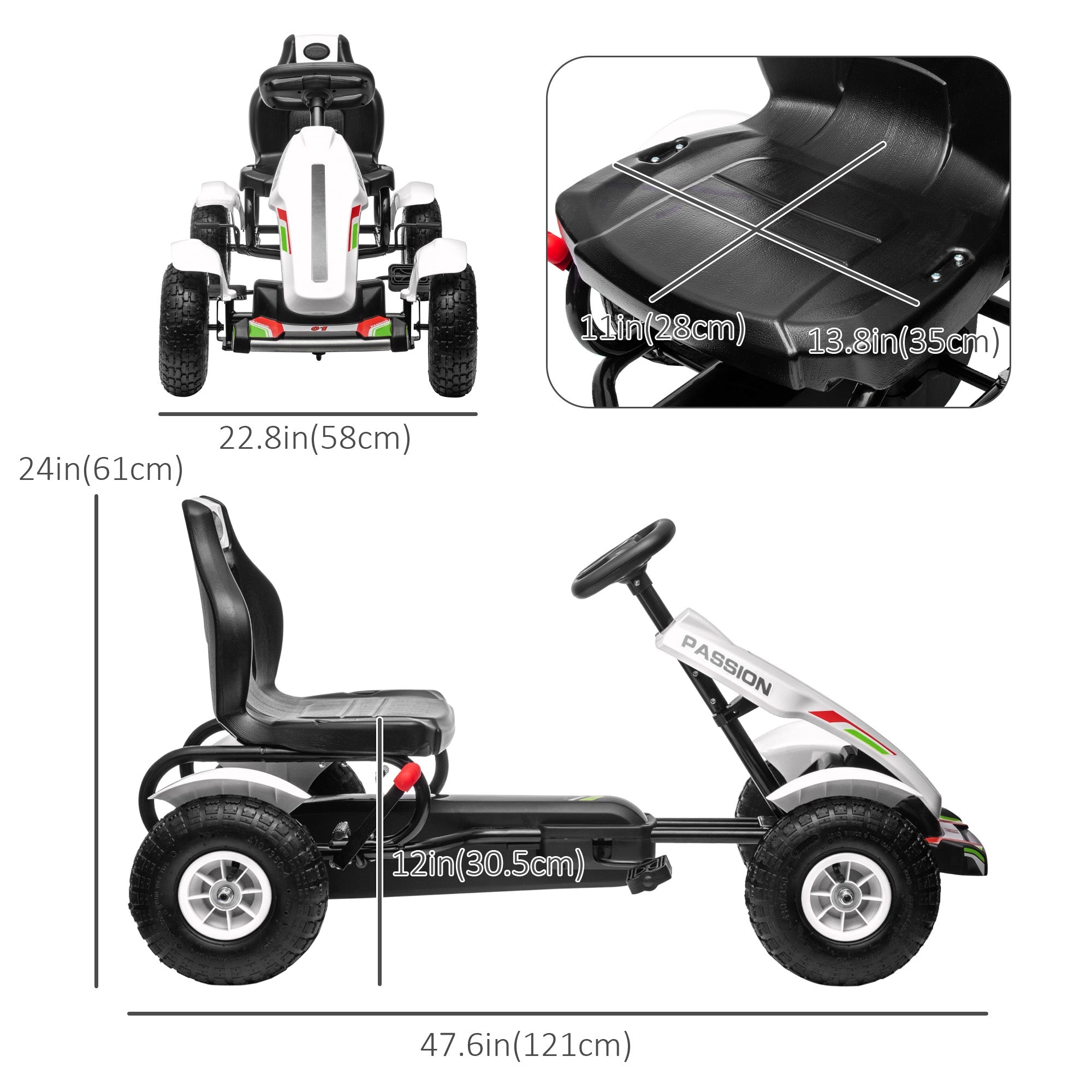 Aosom Kids Pedal Go Kart, White Pedal Car with Adjustable Seat, Handbrake, Rubber Wheels for Ages 5-12 - Active Play 