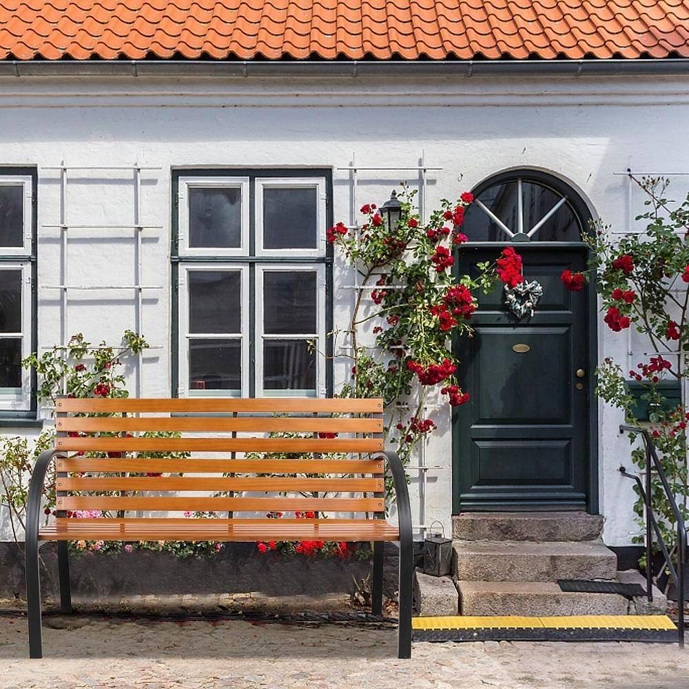 Black Metal Frame Outdoor Wood Slat Garden Bench with Curved Armrests - Free Shipping 