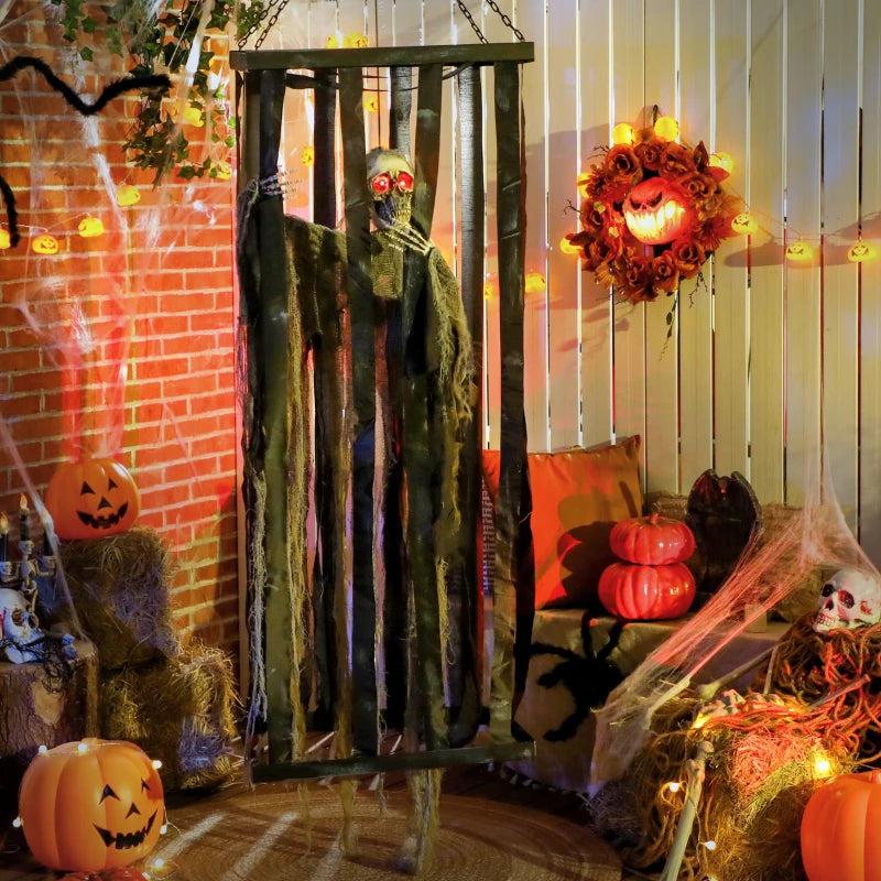 Outsunny Animatronic Hanging Skeleton Reaper in Cage – Voice-Activated Halloween Prop with Flashing Eyes 