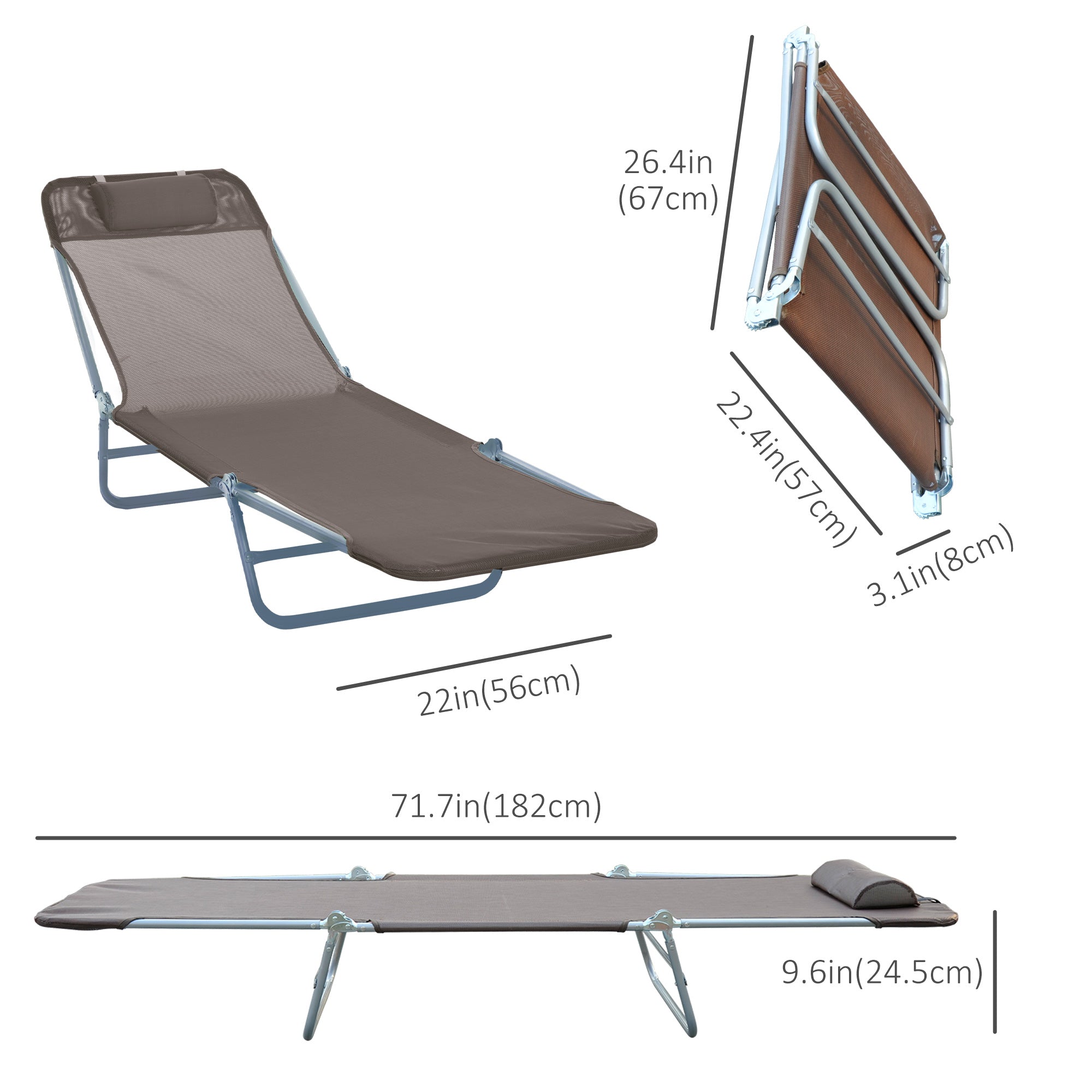 Outsunny Folding Reclining Chair Portable Garden Chaise Lounge Adjustable Outdoor Camping Beach Bed with Pillow Coffee 