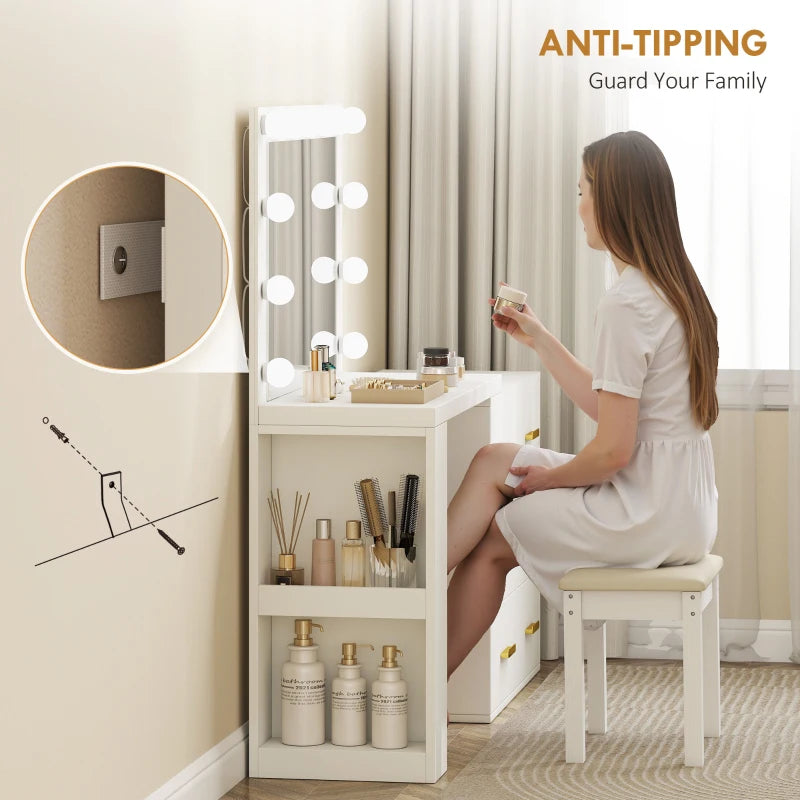 Vanity Desk with Mirror and 12 LED Lights, Makeup Table w/ Power Outlet, 3 Light Colour, 6 Drawers and 2 Shelves, White