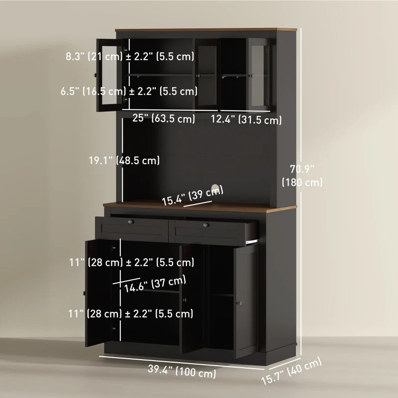 71" Pantry Cabinet with Microwave Space, Buffet with Hutch, 2 Drawers, Adjustable Shelves and Glass Doors, Black