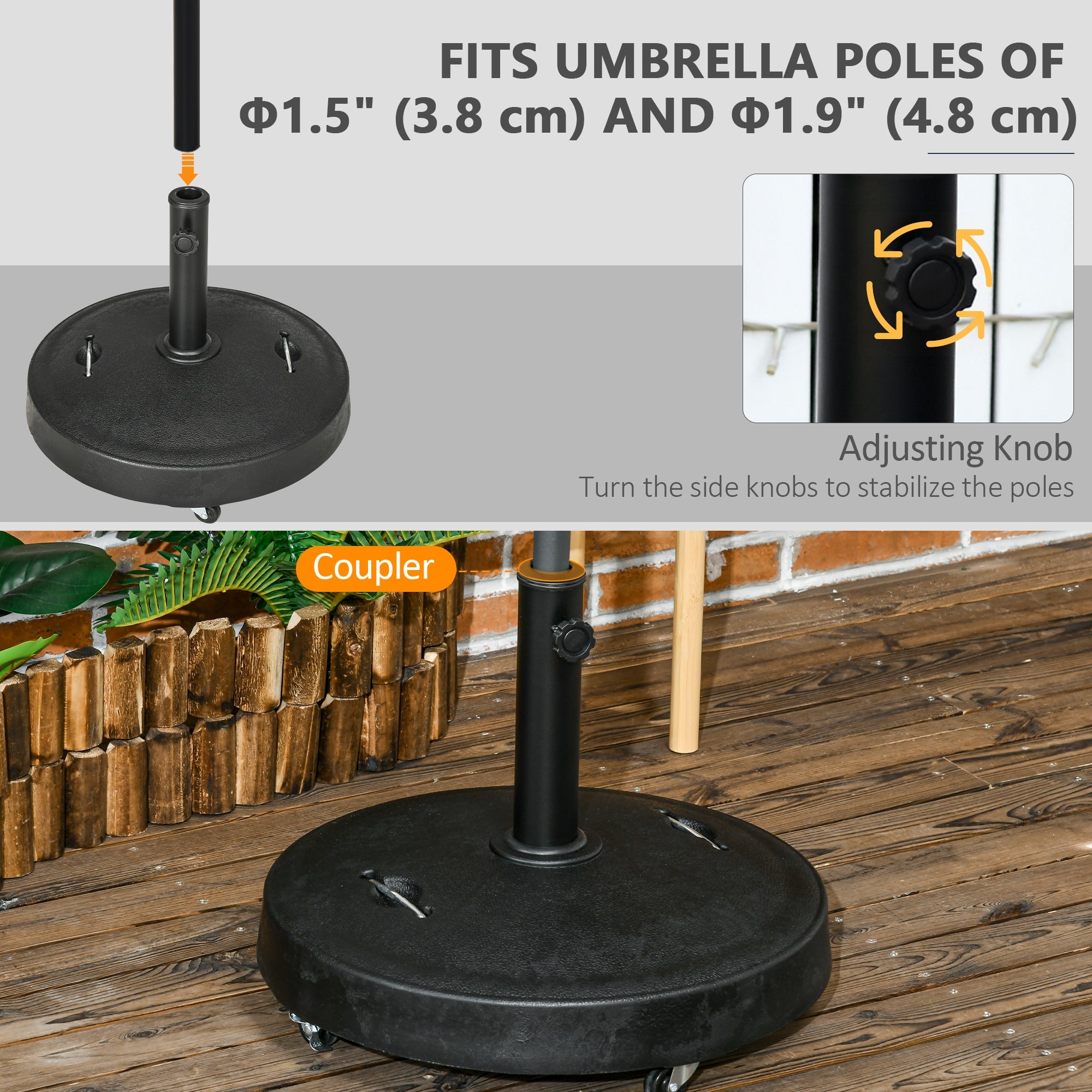 Outsunny Patio Umbrella Stand 20.9" Round with Lockable Wheels 51lb Heavy Duty Base Black 