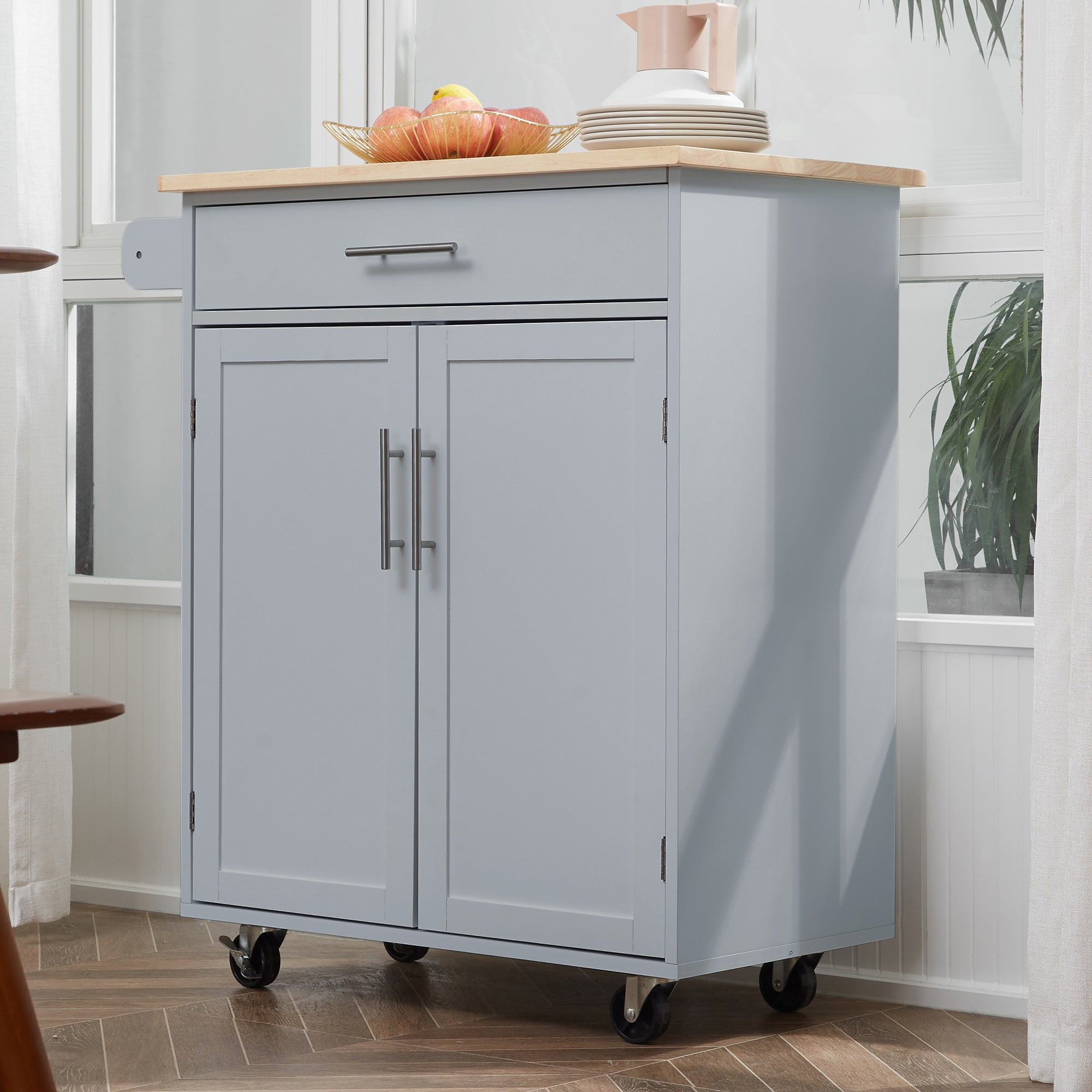 HOMCOM Versatile Kitchen Aide: Rolling Island Cart with Wood Top, Storage Drawer, Towel Bar, Shelves, and Grey Finish 