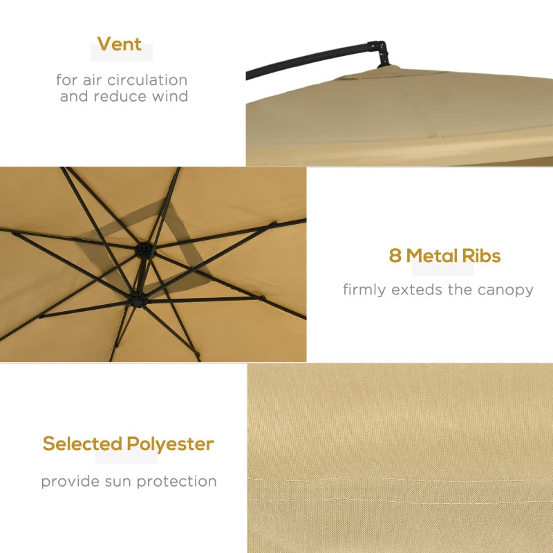 Offset Patio Umbrella with Net and Umbrella Base, Adjustable Cantilever Canopy with Cross Base, Weight Plates and 8 Ribs for Backyard, Poolside, Garden, Beige