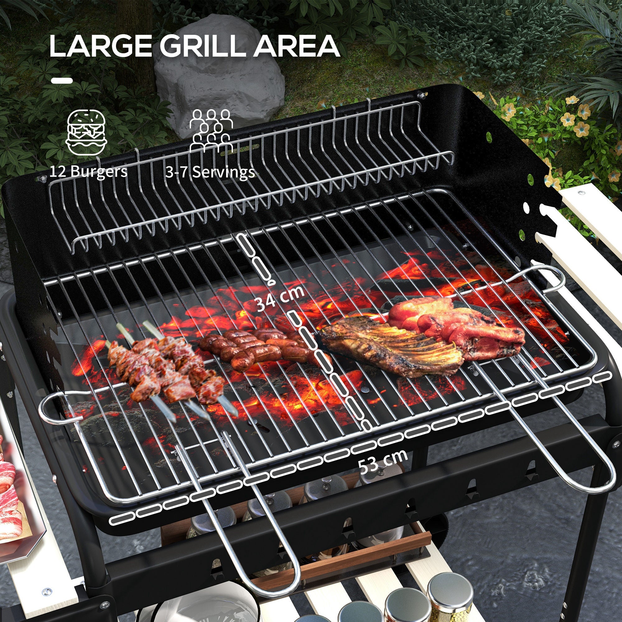 Outsunny Charcoal Barbecue Grill with Adjustable Grill Height, Portable BBQ Trolley with Ash Catcher and Wheels, Black 