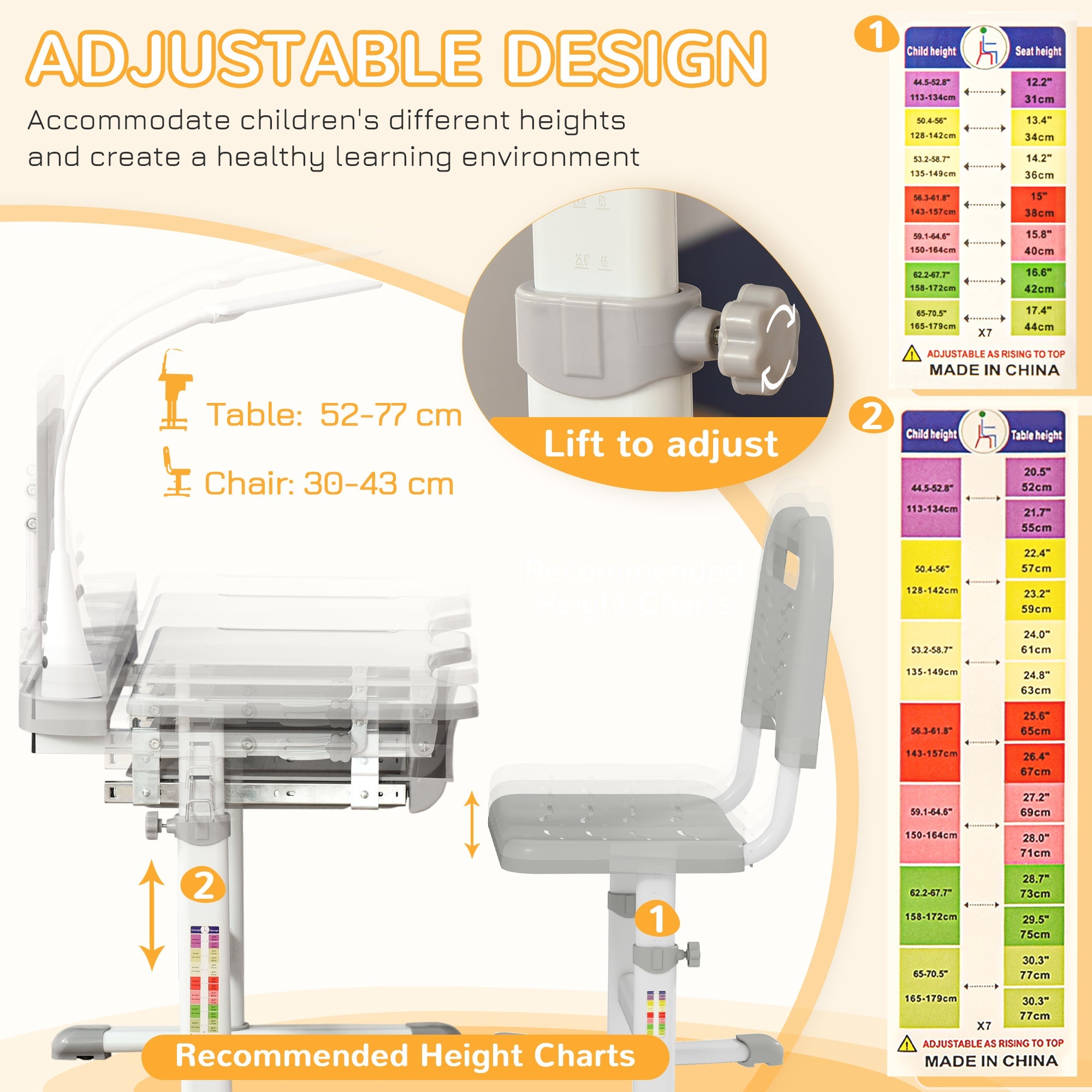 Qaba Kids Desk and Chair Set Height Adjustable Student Writing Desk Children School Study Table with Tilt Desktop, Grey 