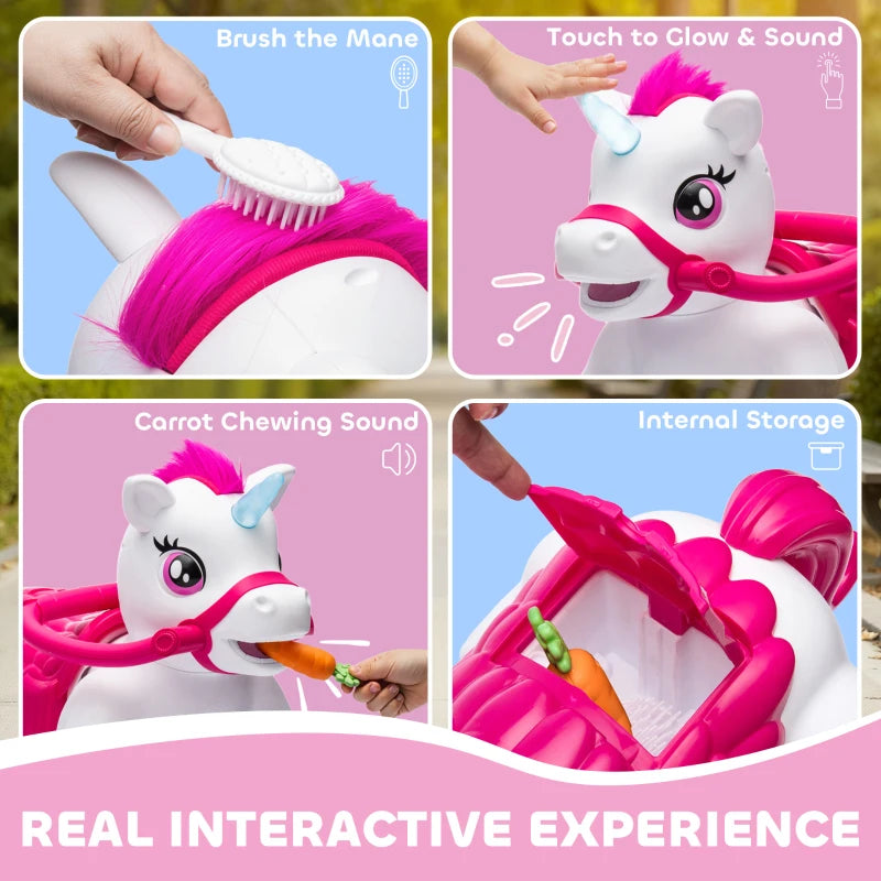 Qaba 12V Unicorn Ride on Toy, Battery Powered Kids Electric Ride on Horse with Carrot Toy, Comb, Animal Sounds, for Age 18-36 months