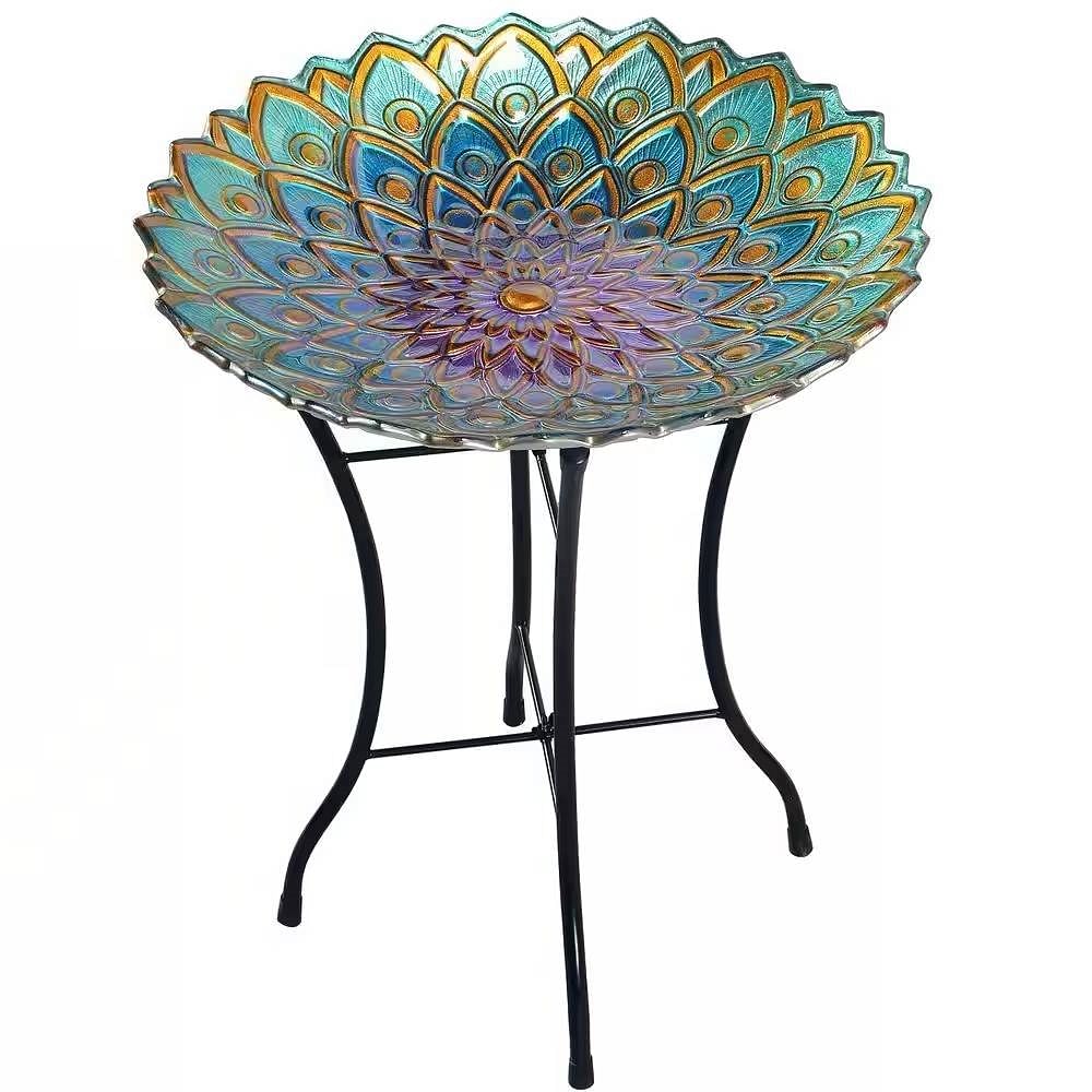 Round 18-inch Peacock Style Glass Mosaic Flower Birdbath with Metal Stand - Free Shipping