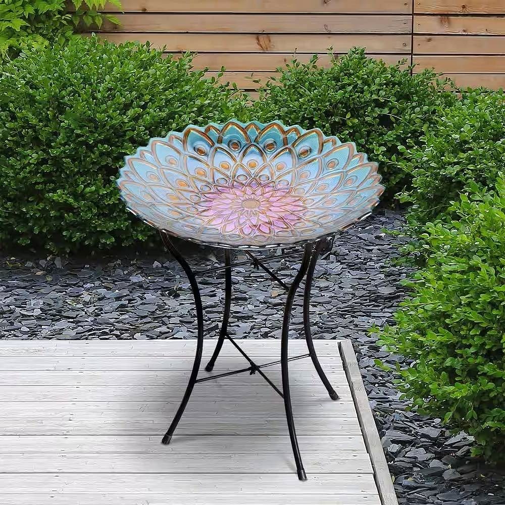 Round 18-inch Peacock Style Glass Mosaic Flower Birdbath with Metal Stand - Free Shipping