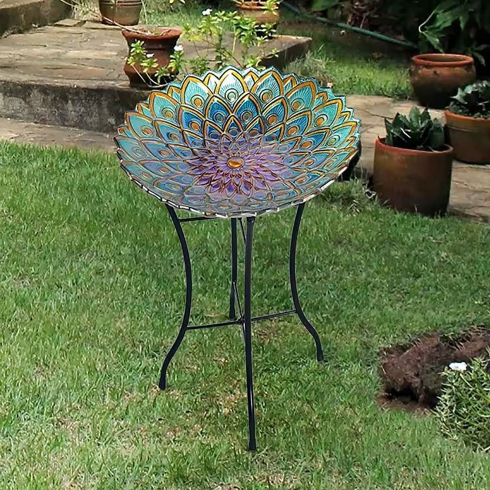 Round 18-inch Peacock Style Glass Mosaic Flower Birdbath with Metal Stand - Free Shipping