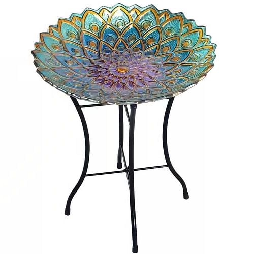 Round 18-inch Peacock Style Glass Mosaic Flower Birdbath with Metal Stand - Free Shipping