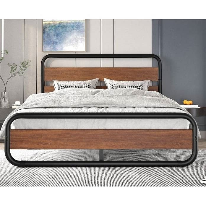 Full Heavy Duty Industrial Modern Metal Wood Platform Bed Frame with Headboard - Free Shipping