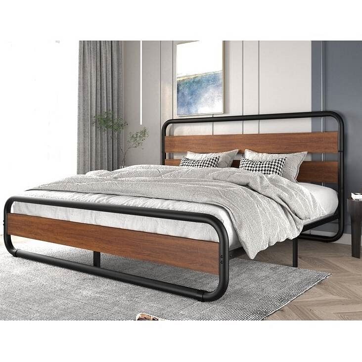 Full Heavy Duty Industrial Modern Metal Wood Platform Bed Frame with Headboard - Free Shipping