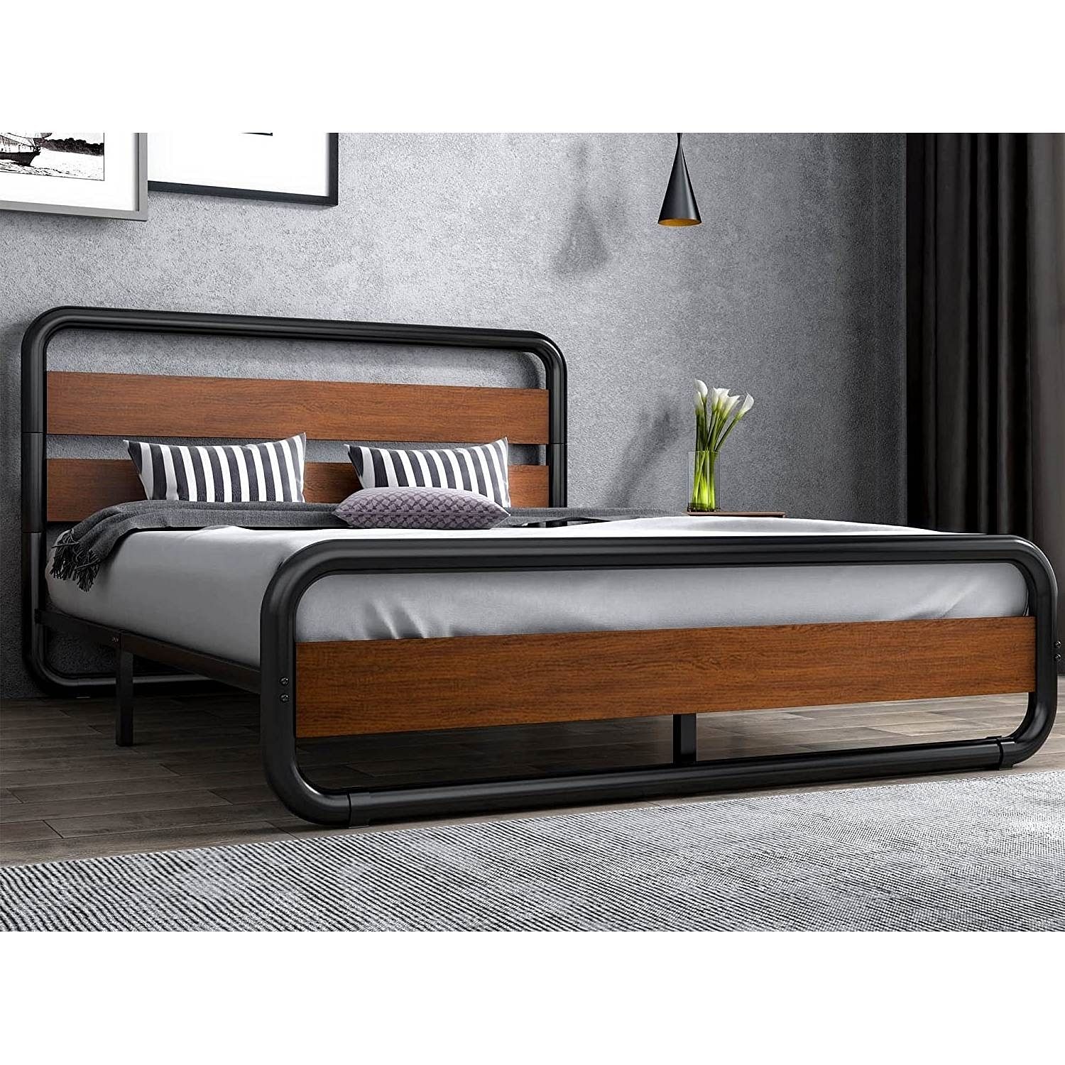 Full Heavy Duty Industrial Modern Metal Wood Platform Bed Frame with Headboard - Free Shipping 