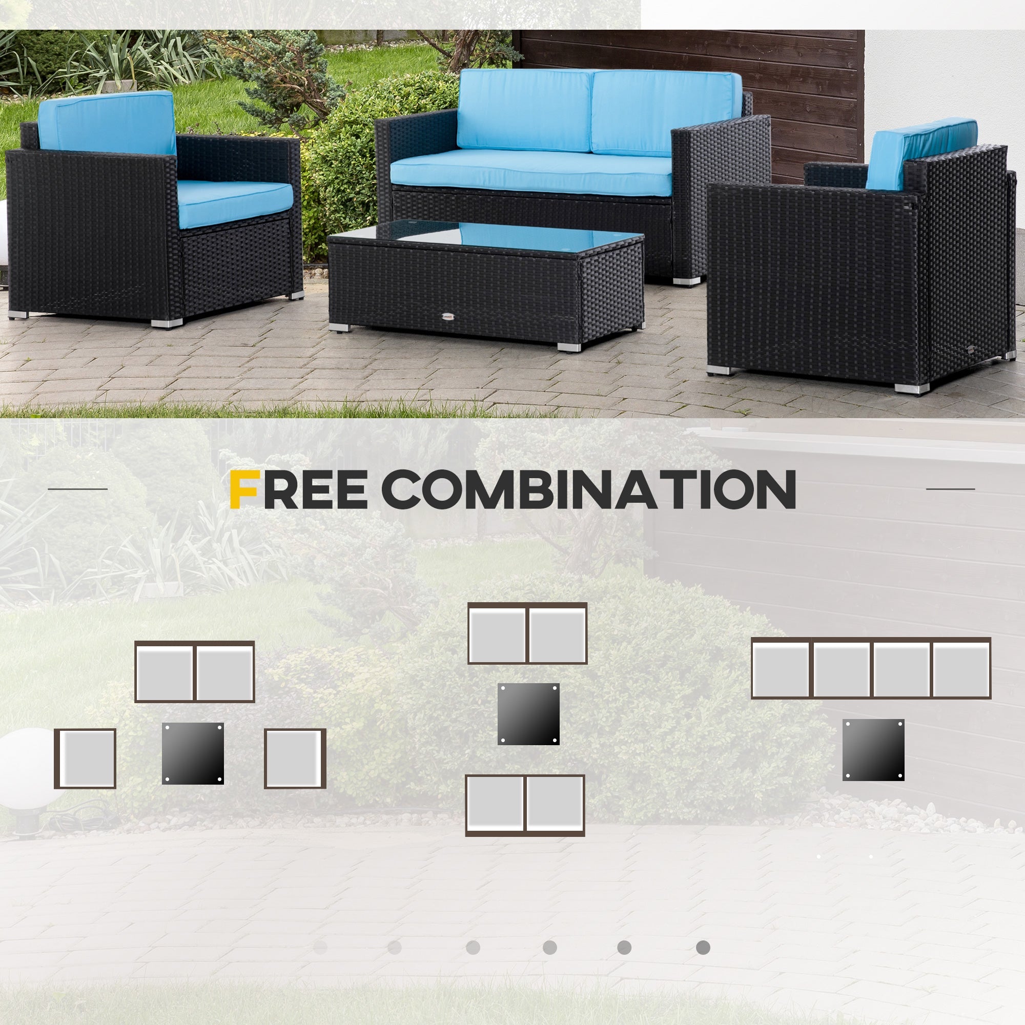 Outsunny 4PC Sky Blue Patio Wicker Sofa Set Outdoor PE Rattan Conversation Furniture with Tempered Glass Table-top 